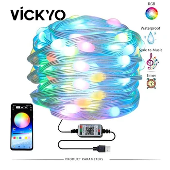 VICKYO Farba Svetla String BT Hudby, Bluetooth APP RGBIC Osvetlenie Narodeninovej Party Svadobný Veniec USB Power Nepremokavé String Svetlo