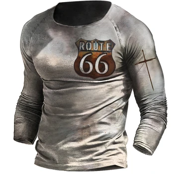 Vintage Motocykel T-košele Pre Mužov 3D Bavlna, Dlhý Rukáv Route 66 List Tlač Biker T Shirt Overisized Tee Tričko Mužov Oblečenie