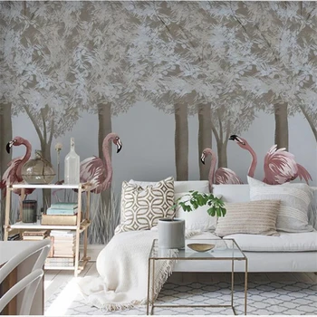 wellyu Nordic ručne maľované lesa flamingo gauč TV módnych domov stenu vlastné veľké životné tapety abstraktných de parede
