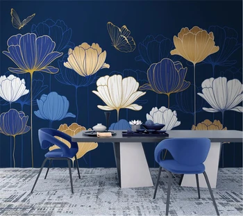 wellyu Vlastné veľké nástenné moderné svetlo luxusné jednoduché línie kresby kvet lapis lazuli modré pozadie, wallpaper