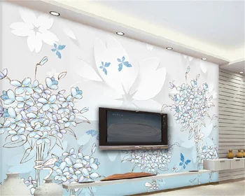 Wellyu Vlastnú tapetu modrá ručne maľované kvety a motýle 3D stereo TV joj nástennú maľbu dekoratívne maľby behang