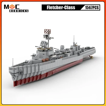 WW2 Vojenské vojnová loď Fletcher-trieda Destroyer Montáž Model MOC Stavebné Bloky Loď Zberateľov Auta Technológie Tehly Hračky