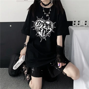 y2k Mall Goth Ročník Tlače T-shirt Ženy Harajuku Streetwear Temné, Gotické Emo Alt Krátky Rukáv O-krku Voľné Čierny Čaj Topy