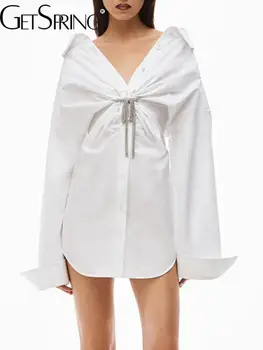 yuerwang Ženy Šaty Pevné Dlhý Rukáv Crystal Skladaný Tričko Šaty 2023 Jar Leto Nové Módne Biele Mini Šaty Všetky Zápasu