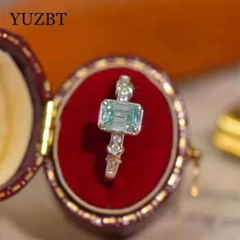YUZBT 18K Bielym Zlatom 1 Karát Modrá Emerald Rez VVS1 Moissanite Krúžok 100% diamantovým Minulosti Originálne Svadobné Šperky