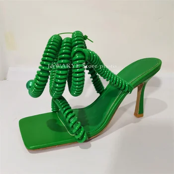 Zelená Elastické Jar Dizajn Ríme Sandále Žena Štvorcové Prst Flip Flops Vysokým Podpätkom Sandále Sexy Letné Horúce Jediným Šaty Topánky Mujer