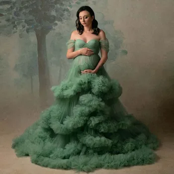 Zelená Materskej Šaty Off Sexy Rameno Viazané Volánikmi Tylu Tehotné Plášte Pre Fotenie Babyshower Prispôsobiť