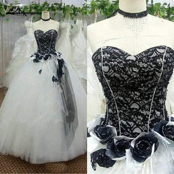 Čierna a Biela Manželstvo Šaty Gothic Čipky Hore 3D Kvet Tylu plesové Šaty, Svadobné vestidos de fiesta vestidos elegantes para mujer