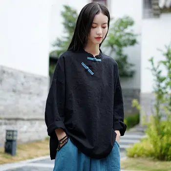 Čínsky Štýl Nových Bavlny a Konope T-shirt dámske Zen Retro Voľné Bielizeň Top Bat Rukáv Žena Vintage Čína Tradíciu Oblečenie