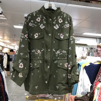Ženské Army Zelená Náradie Bunda 2023 Módne Ženy Oblečenie Bombardér Kabát Na Jeseň Jean Coats Výšivky Denim Jacket Voľné