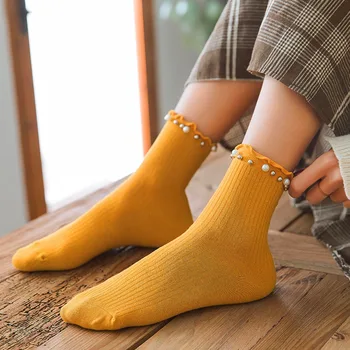 Ženy Roztomilý Pearl Naberaný Prehrabať Ponožky Bavlna Japonskej Módy Žena Posádky Ponožky Žena calcetines de la mujer