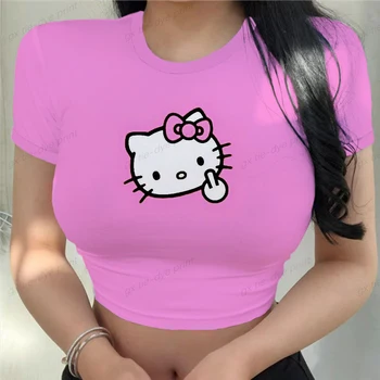 Ženy s Harajuku 2023 Nové Vrcholy Bežné Tee Lete Krátky Rukáv Grafické Žena Slim Tričko pre Ženy Hello Kitty Tričko Dievčatá