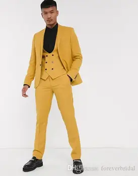 Žltá Groomsman Svadobné Tuxedos Slim Fit 3 Kusy Pánske Oblek Formálne Prom Party Nosiť Sako (Bunda+Vesta+Nohavice)