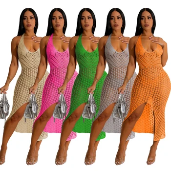 Vaňa Exits Pre Pláž Ženy 2023 Letné Šaty Nové Sexy Štíhla Jeden Zrastov Žakárové Bez Rukávov Pevné Polyester Tuniku Na Pareo Nosenie